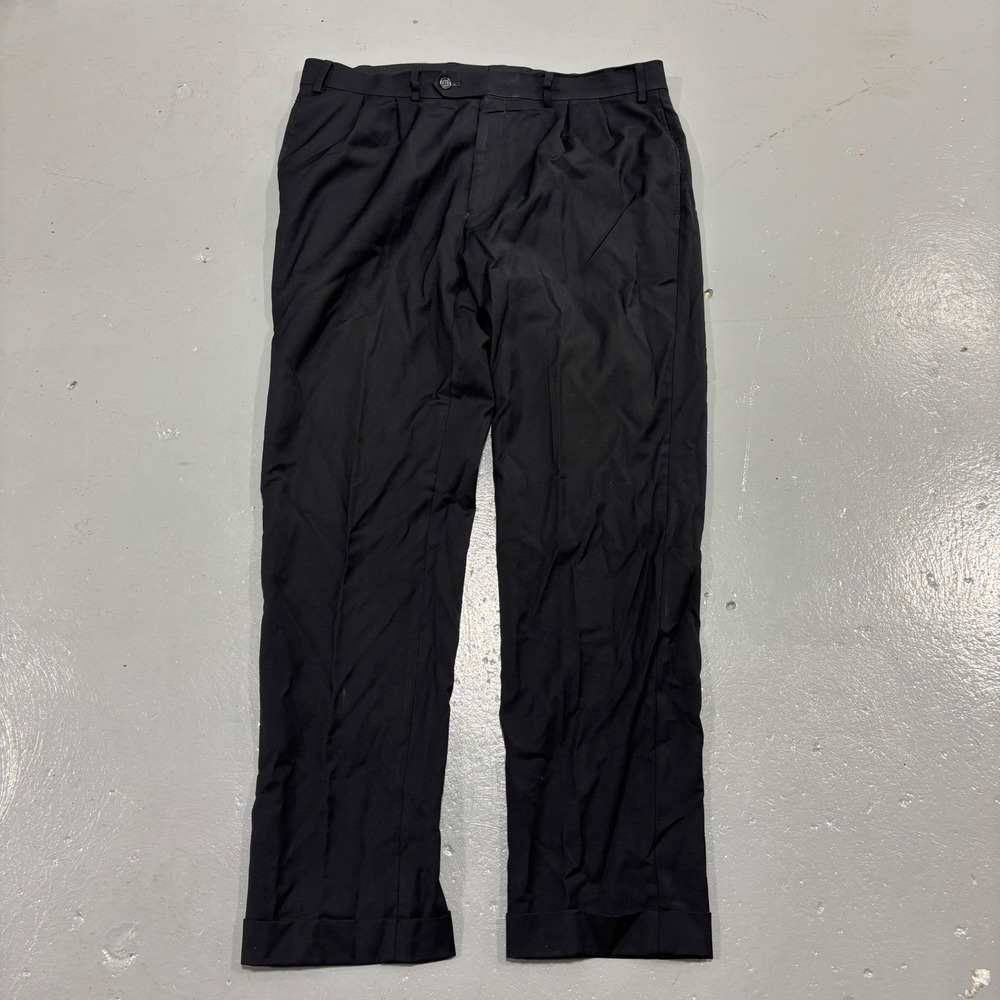 Lauren Ralph Lauren Mens Black High Performance Wool Pleated Cuffed Pants 36x32